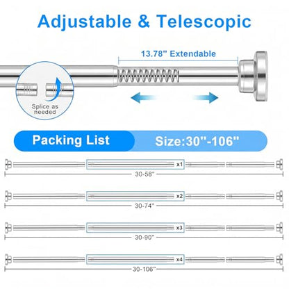 Silver Shower Curtain Rod Adjustable 30-58 Inch, 7/8"Diameter 304 Stainless Steel Never Rust Non Slip Heavy Duty Tension Rod, No-Drill Spring Curtain Rod for Bathroom Kitchen - color: Silver, size: 30-58 Inch