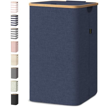 BALEINE Laundry Hamper with Lid, Tall Laundry Baskets with Bamboo Pull Handles, Large Laundry Bin with Internal Support (18 Gal/70L, Blue) - color: Blue, size: 70 liters