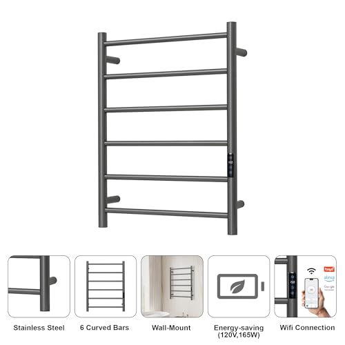 Electric Towel Rack with Voice Control for Alexa & Google Home,TUYA - Wall-Mounted Bathroom Heating Towel Warmer,Plug-in,Stainless Steel Material (Gungrey with WiFi, 6 Bar) - color: Gungrey With Wifi, size: 6 Bar