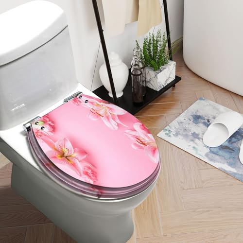 Round Toilet Seat Flowers composition Pink white flowers pastel pink Flat lay top view Resin Toilet Seat Slow Quiet Close with Quick-Release Hinges Toilet Seat with Cover Easy to Clean Install - color: Multi2, size: 16.5"x14.5"