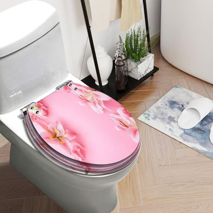 Round Toilet Seat Flowers composition Pink white flowers pastel pink Flat lay top view Resin Toilet Seat Slow Quiet Close with Quick-Release Hinges Toilet Seat with Cover Easy to Clean Install - color: Multi2, size: 16.5"x14.5"