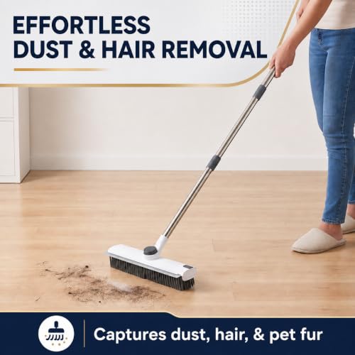 3-in-1 Floor Scrub Brush with Long Handle, Stiff Bristles & Squeegee | Stiff PP bristles, V-shaped corner brush, and silicone squeegee for shower tile, concrete, patios, and garages