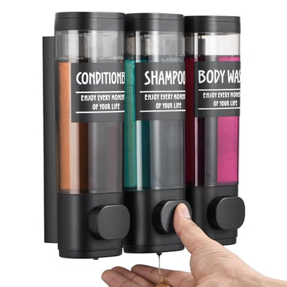 Shampoo and Conditioner Dispenser,GlintGath Shower Dispenser 3 Chamber No Drill Shampoo Dispenser for Shower Wall Mounted Shower Soap Dispenser for Bathroom Hotel,3 * 300ML,Matte Black - color: Black 3 Chamber