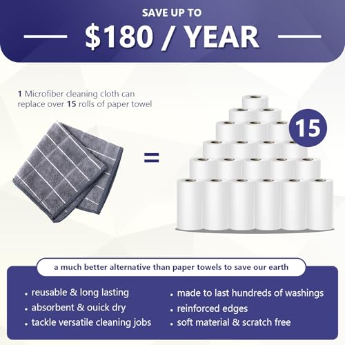 FGSAEOR Microfiber Kitchen Towels & Dish Cloths Set - Premium Ultra-Soft, Super Absorbent, Quick-Drying Dish Towels - Grey Checkered, 8-Pack (12"x12" & 18"x26") for Dishes, Multi-Purpose
