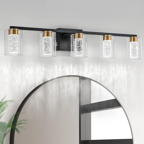 SineRise 5-Light Black and Gold Vanity Light with 3 Color Modes (3000K/4000K/6000K), Eye Protection LED Bathroom Light Fixture, Dimmable Modern Wall Light Over Mirror with Clear Glass Shade - color: Black-Gold, size: 5-light