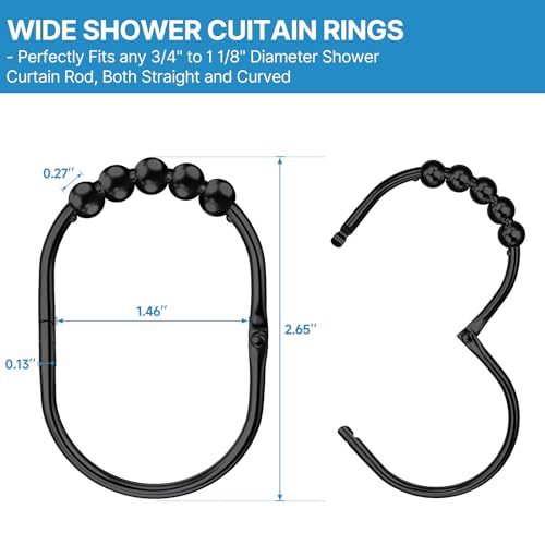 MENGJINGO 12PCS Wide Shower Curtain Hooks Rings, Rust Proof Stainless Steel | Heavy Duty Shower Hooks Rings for Bathroom Shower Rods Curtains Liners, Easy Glide Rollers, Set of 12, Black - color: Black