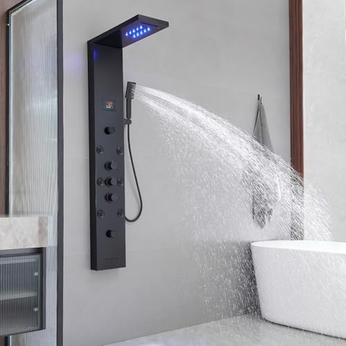 BWE Shower Panel Tower System LED Light Temperature Display 6-Function Stainless Steel shower system with Rainfall Waterfall Massage Body Jets Tub Spout and Handheld Shower, Matte Black