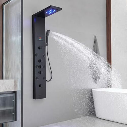 BWE Shower Panel Tower System LED Light Temperature Display 6-Function Stainless Steel shower system with Rainfall Waterfall Massage Body Jets Tub Spout and Handheld Shower, Matte Black