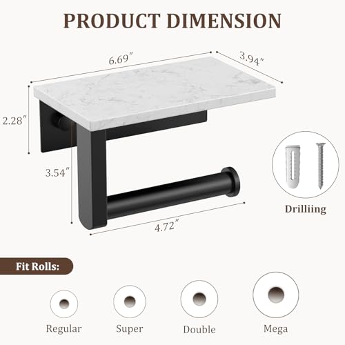 BWE Matte Black Toilet Paper Holder with Marble Shelf Wall Mounted | Toilet Paper Roll Holder with Phone Shelf 304 Stainless Steel Tissue Holder for Bathroom Washroom,Saving Space - color: Black