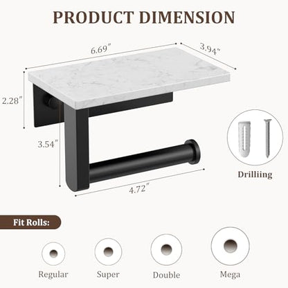 BWE Matte Black Toilet Paper Holder with Marble Shelf Wall Mounted | Toilet Paper Roll Holder with Phone Shelf 304 Stainless Steel Tissue Holder for Bathroom Washroom,Saving Space - color: Black