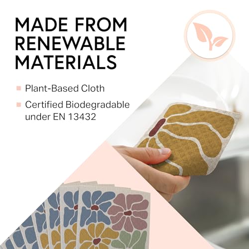 Swedish Wholesale Dishcloths Reusable 8" x 7" Sponge Cloths, Bulk 10 Pack of High Absorbent Cellulose Dish & Kitchen Cleaning Hand Towels, Wring to Dry & Machine Wash, Odor Resistant, Retro Flower - color: Retro Flower
