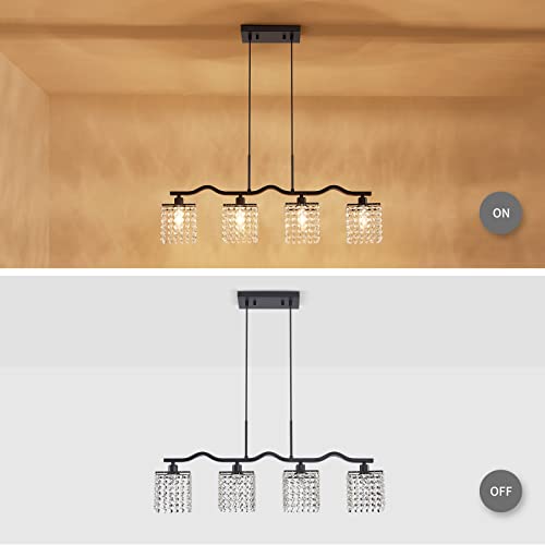 WUZUPS Crystal Chandelier 4-Light Linear Raindrop Pendant Ceiling Light Modern Lighting Fixture for Bedroom Dinning Room Bar Kitchen Island, H8.7'' W4.7'' L30.5, E12 Base, Black - color: Black Pendnat Light