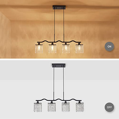 WUZUPS Crystal Chandelier 4-Light Linear Raindrop Pendant Ceiling Light Modern Lighting Fixture for Bedroom Dinning Room Bar Kitchen Island, H8.7'' W4.7'' L30.5, E12 Base, Black - color: Black Pendnat Light