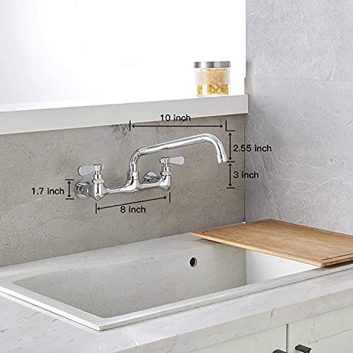 Wall Mount Kitchen Faucet with 10 Inch Swivel Spout, Chrome | Lead-Free Brass,8 Inches Center,Dual Handle Hot & Cold Mixer, Commercial Faucet for Restaurant/Laundry/Utility Sinks - size: 10 Inch