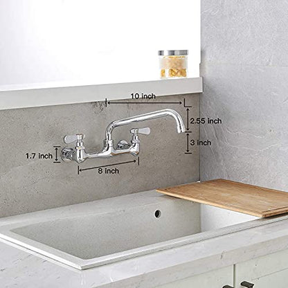 Wall Mount Kitchen Faucet with 10 Inch Swivel Spout, Chrome | Lead-Free Brass,8 Inches Center,Dual Handle Hot & Cold Mixer, Commercial Faucet for Restaurant/Laundry/Utility Sinks - size: 10 Inch