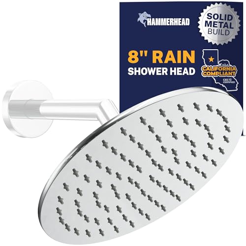 HammerHead Showers® Solid Metal 8 Inch Rainfall Shower Head – CHROME - Shower Head Rainfall - 1.75 GPM High Flow Shower Head Optimized for Pressure – Large Round Rain Shower Heads - color: Polished Chrome, size: 1.75 GPM