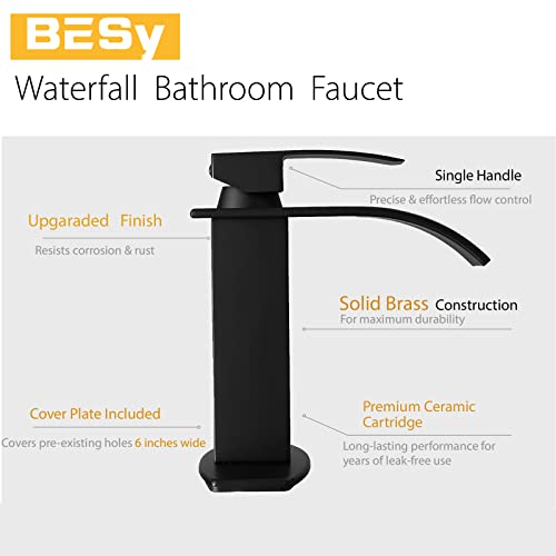 Bathroom Faucet 1 Hole Single Waterfall Vanity Sink Faucet Matte Black | One Hole Bathroom Sink Faucet, Square Single Handle, 6 Inch Deck Plate For 3 Hole, Supply Line, Pop-up Drain,Fits RV Restroom - color: Matte Black, style: Short - With Pop Up Drain