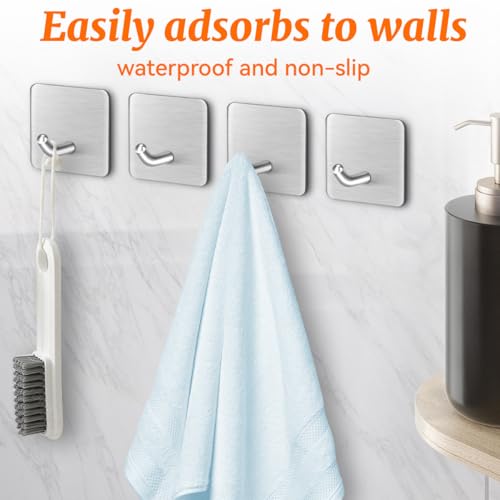 4 Pcs Stainless Steel Adhesive Hooks, Heavy Duty Waterproof Wall Hooks for Hanging Hat,Towel Robe Hook Rack WallMount- Bathroom and Bedroom (Square Silver) - color: Silver, size: Square