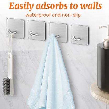 4 Pcs Stainless Steel Adhesive Hooks, Heavy Duty Waterproof Wall Hooks for Hanging Hat,Towel Robe Hook Rack WallMount- Bathroom and Bedroom (Square Silver) - color: Silver, size: Square