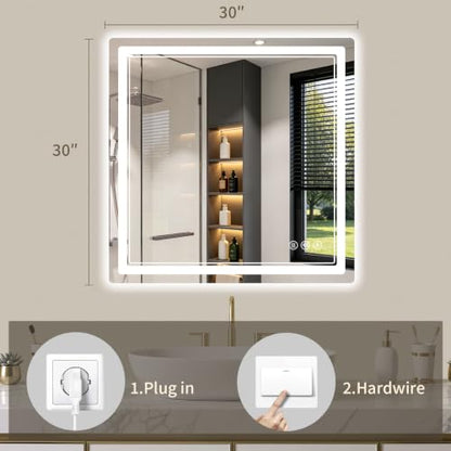 30"x30" LED Bathroom Mirror with Lights, Backlit + Front Lit, Anti-Fog, Lighted Bathroom Mirror for Wall, HD Shatterproof Tempered Glass, Dimmable, Memory Function (Horizontal/Vertical) - size: 30"L x 30"W