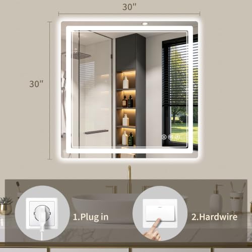 30"x30" LED Bathroom Mirror with Lights, Backlit + Front Lit, Anti-Fog, Lighted Bathroom Mirror for Wall, HD Shatterproof Tempered Glass, Dimmable, Memory Function (Horizontal/Vertical) - size: 30"L x 30"W