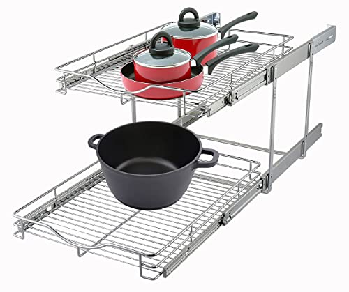 DINDON 2 Tier Pull Out Cabinet Organizer (14" W X 18" D), Double Tier Wire Basket Slide Out Shelf Storage for Kitchen Base Cabinet Organization for Kitchen, Pantry, Bathroom, Chrome - size: 14" W X 18" D