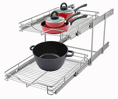 DINDON 2 Tier Pull Out Cabinet Organizer (14" W X 18" D), Double Tier Wire Basket Slide Out Shelf Storage for Kitchen Base Cabinet Organization for Kitchen, Pantry, Bathroom, Chrome - size: 14" W X 18" D