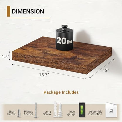 Vivelove Deep Floating Shelves, 16 x 12 Inch, Rustic, Set of 2 | Invisible Brackets, Easy Mount Shelf with Hardware Kit, for Bathroom Bedroom Living Room Kitchen, Engineered Wood - color: Rustic Brown, size: 15.7”wx12”dx1.5”h