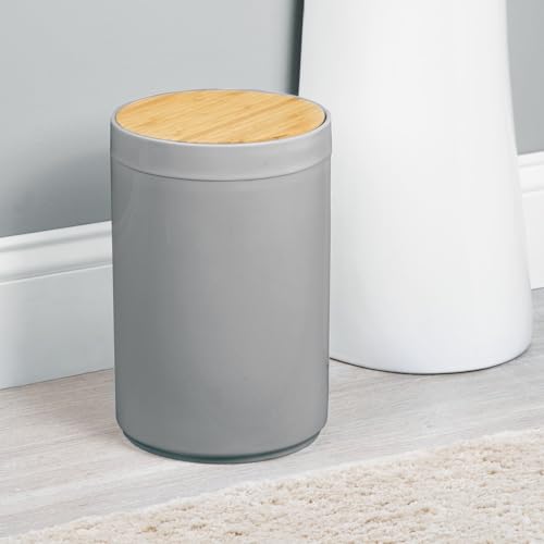 mDesign Plastic Round Trash Can Small Wastebasket - Garbage Bin Container with Swing-Close Lid - Bathroom Garbage Basket - Holds Waste, Recycling - 1.3 Gallon - Basa Collection - Gray/Natural - color: Natural/Grey