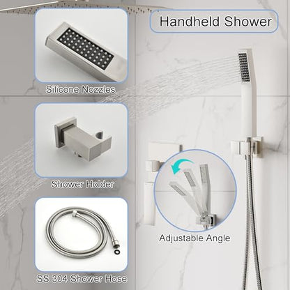 WELLFOR 12-In Ceiling Mount Shower System with Single Handle, Pressure-balanced Valve Included, Waterfall Dual Head Shower Head System, Rain Shower System, Shower Faucet Trim Kits, Brushed Nickel - color: Brushed Nickel, style: Ceiling Mount 12-Inch