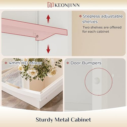 Keonjinn Medicine Cabinet 16 x 26 Inch, Surface Mount or Recessed Cabinets with Mirrors, White Metal Framed Wall Mirror with Storage, 2 Adjustable Shelves, Beveled Edge Frame | Adjustable Shelves, Different Curved Frame Design, Wall Mirror with Storage, S