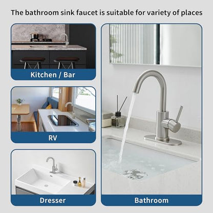 Bathroom Faucet, Single Hole Bathroom Sink Faucet | Single Handle Vanity Faucet with Deck Plate, 360° Swivel Stainless Steel for RV, Bar Sink, Lavatory - color: Brushed Nickel, style: Rotatable