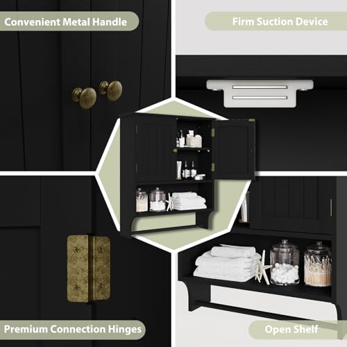 Smuxee Black Bathroom Cabinet Wall Mounted with Towels Bar, Medicine Cabinet with 2 Door Adjustable Shelves, Over Toilet Cabinet for Bathroom Laundry Room Kitchen - color: Black Big With Towels Bar