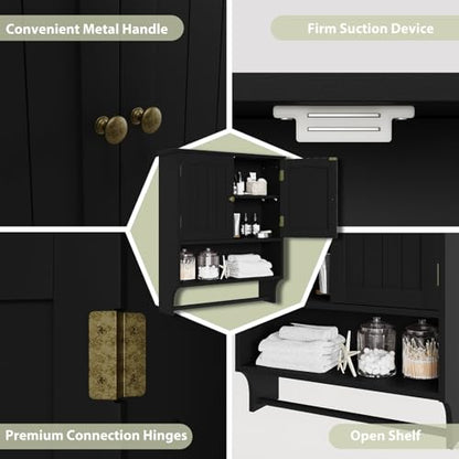 Smuxee Black Bathroom Cabinet Wall Mounted with Towels Bar, Medicine Cabinet with 2 Door Adjustable Shelves, Over Toilet Cabinet for Bathroom Laundry Room Kitchen - color: Black Big With Towels Bar
