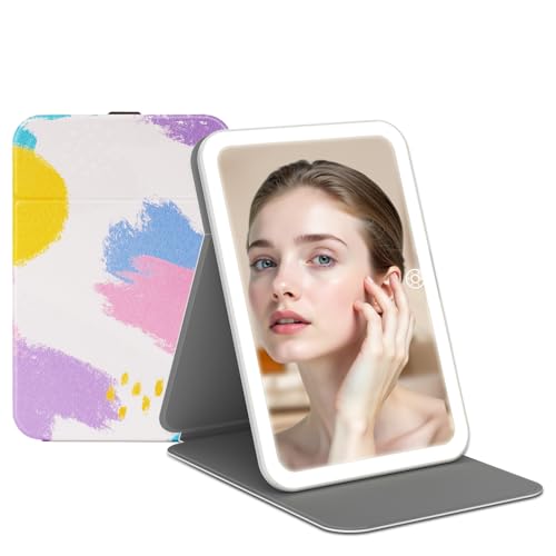 Rechargeable Travel Lighted Makeup Vanity Mirror with PU Leather Cover | Portable Travel Makeup Mirror with lights, 3 Color Lighting,Touch Dimmable, Light Up Tabletop Cosmetic Mirror Folding Flower - color: Rainbow