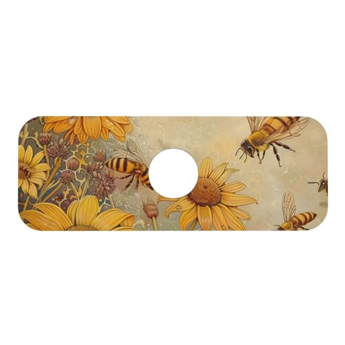 Rural Honey Bees flowers Printed Diatomite Kitchen Faucet Mat, Water Absorbent Sink Splash Guard, Quick Drying Faucet Pad , Non-Slip Sink Accessories for Kitchen Bathroom Counter (15" X 5.5" )