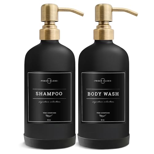 Vine Creations Black Glass Soap Dispenser, 2 Pack Kitchen Soap Dispenser Set with Stainless Steel Pump, 16 oz Dish Soap and Hand Soap Dispensers for Bathroom with Waterproof Labels - color: Matte Black Bottle / Brushed Brass Pump