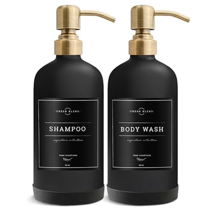 Vine Creations Black Glass Soap Dispenser, 2 Pack Kitchen Soap Dispenser Set with Stainless Steel Pump, 16 oz Dish Soap and Hand Soap Dispensers for Bathroom with Waterproof Labels - color: Matte Black Bottle / Brushed Brass Pump