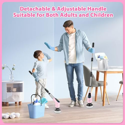 Dovety Electric Spin Scrubber, Cordless Cleaning Brush, Shower Scrubber with 8 Replaceable Brush Head, Power Cleaning Brush with Extension Handle, 2 Adjustable Speed, for Bathtub Tile Floor (Pink)