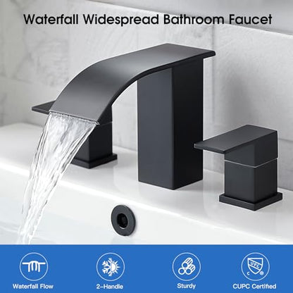 RUMOSE Bathroom Faucets Black Bathroom Sink Faucet 3 Hole with Drain | 8 inch Widespread 2 Handles Lavatory Vanity Faucet Set, Waterfall Spout, Deck Mounted, Pop Up Drain, Stainless Steel - color: Matte Black