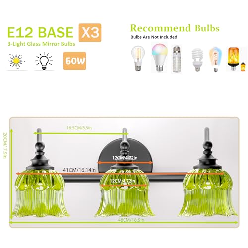 3-Light Vanity Light Over Mirror with Green Crystal Glass Shade | Valley-Lily Shaped Bathroom Light Fixture Black Antique Finish Wall Sconces Mirror Front Lighting for Hallway Living Room - size: 3-Light (Valley-Lily Shaped)