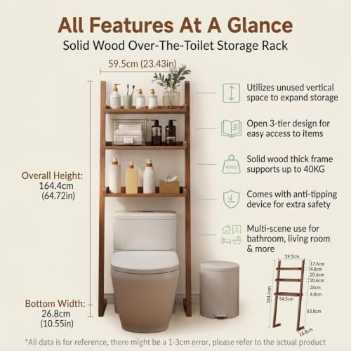 Over the Toilet Storage Shelf Solid Wood 3 Tier Leaning Ladder Rack | Solid Wood Construction, Wall-Mounted Leaning Design for Small Bathroom,Ideal for Apartment Renters(Natural) - color: Natural