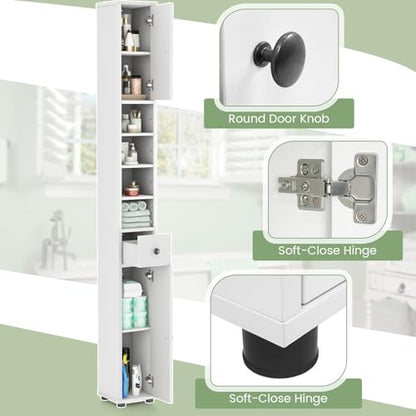 Tall Bathroom Storage Cabinet, 71’’ Slim Linen Tower Organizer with 2 Doors, 5 Adjustable Shelves & 1 Drawer, Narrow Floor Freestanding Bathroom Cabinet for Small Spaces (White)