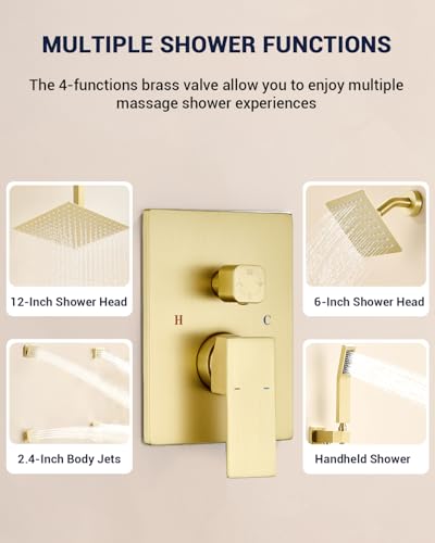 Dual Rainfall Head Shower System with 4 Body Jets, JetsBath Shower Faucet Set Double Shower Head 6-Inch Shower & 12” Rain Shower, Luxury Brushed Gold Shower Faucet Set Tandem Shower Head System - color: Brushed Gold