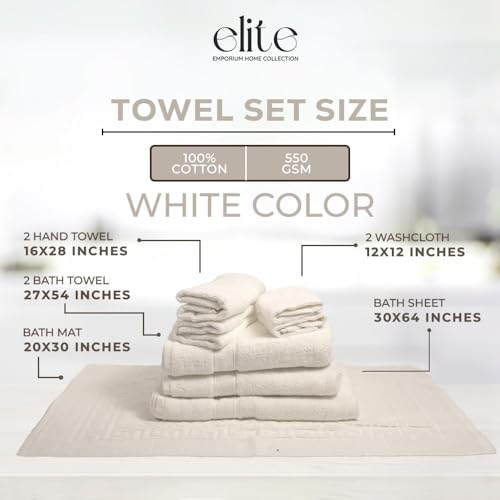 ELITE Emporium Home Collection 8-Piece Cotton Bath Towel Set - Ultra Soft, 550 GSM, Quick-Dry Towels - Bath Sheet, Bath Towels, Hand Towels, Washcloths, Bath Mat - Luxury Bathroom Towel Set (White) - color: White