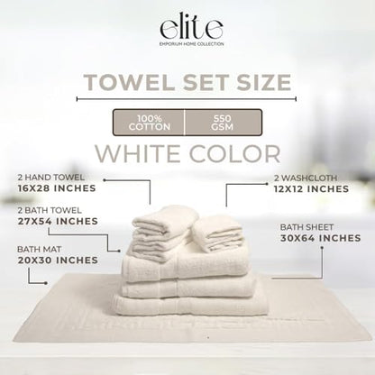 ELITE Emporium Home Collection 8-Piece Cotton Bath Towel Set - Ultra Soft, 550 GSM, Quick-Dry Towels - Bath Sheet, Bath Towels, Hand Towels, Washcloths, Bath Mat - Luxury Bathroom Towel Set (White) - color: White