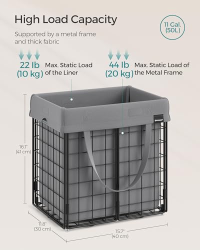 SONGMICS Laundry Hamper, 11 Gal. (50L) Laundry Basket, Collapsible Clothes Hamper, Removable and Washable Liner, Metal Wire Frame, for Bedroom Bathroom, Black and Gray ULCB150G01 - color: Black + Gray, size: 50 L