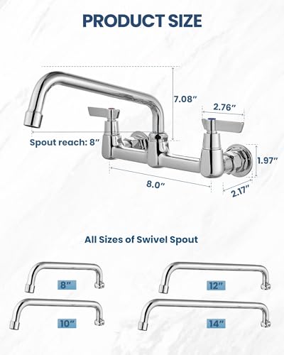 Airuida Wall Mount Commercial Kitchen Faucet,8 Inch Swivel Spout,8 Inch Center Utility Sink Faucet with Dual Handles,Solid Brass 360° Swivel Spout,Commercial Sink Faucet for Kitchen Laundry,Chrome | Commercial Sink Faucet,Dual Handles,Utility Sink Faucet,