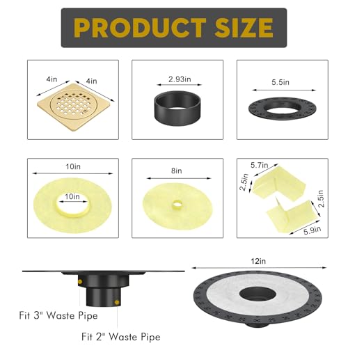 4” Shower Drain Grate Kit with Flange, Fits Schluter Kerdi-Drain | Square Shower Drain with 2 Inch ABS Flange, Adjustable Collar, SUS 304 Stainless Steel Grate, For Bathroom, Brushed Brass - color: Brushed Brass, size: 4 Inch Kit with Flange