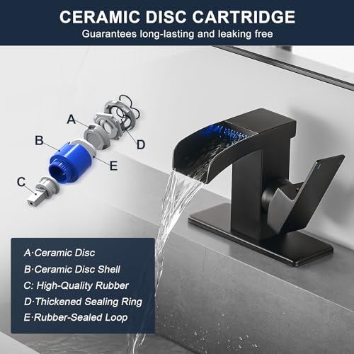 LED Waterfall Bathroom Faucet Bathroom Sink Faucet Vanity Faucets | Matte Black Single Hole 3 Colors Light Changing Single Handle Stainless Steel with cUPC Supply Lines